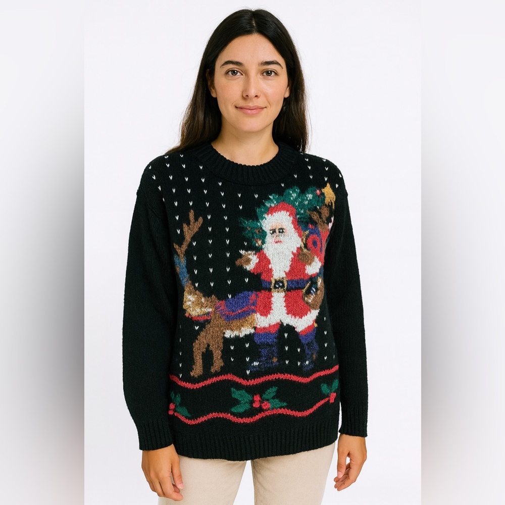 Vintage 90s Hand Embroidered Santa Claus Holiday Sweater